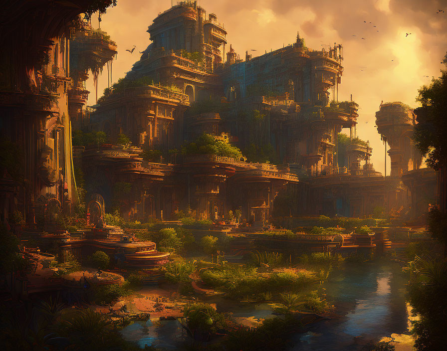 Overgrown ancient city with towering ruins, lush vegetation, serene river at sunset