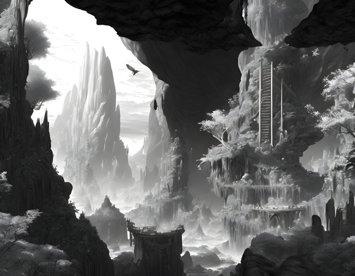 Monochromatic fantasy landscape with rock formations, waterfalls, and ancient structures.