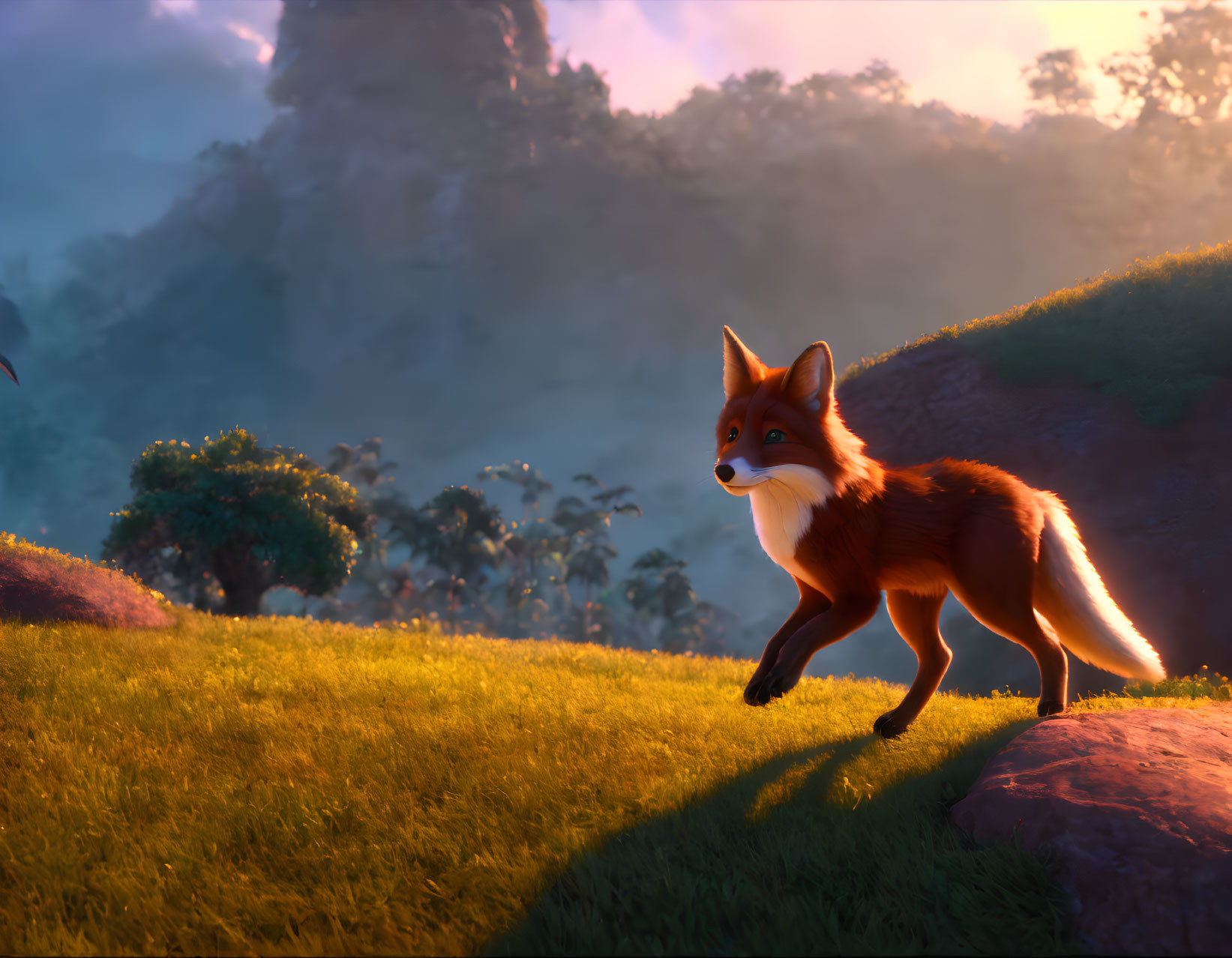 Stylized animated fox on grassy hill at sunset