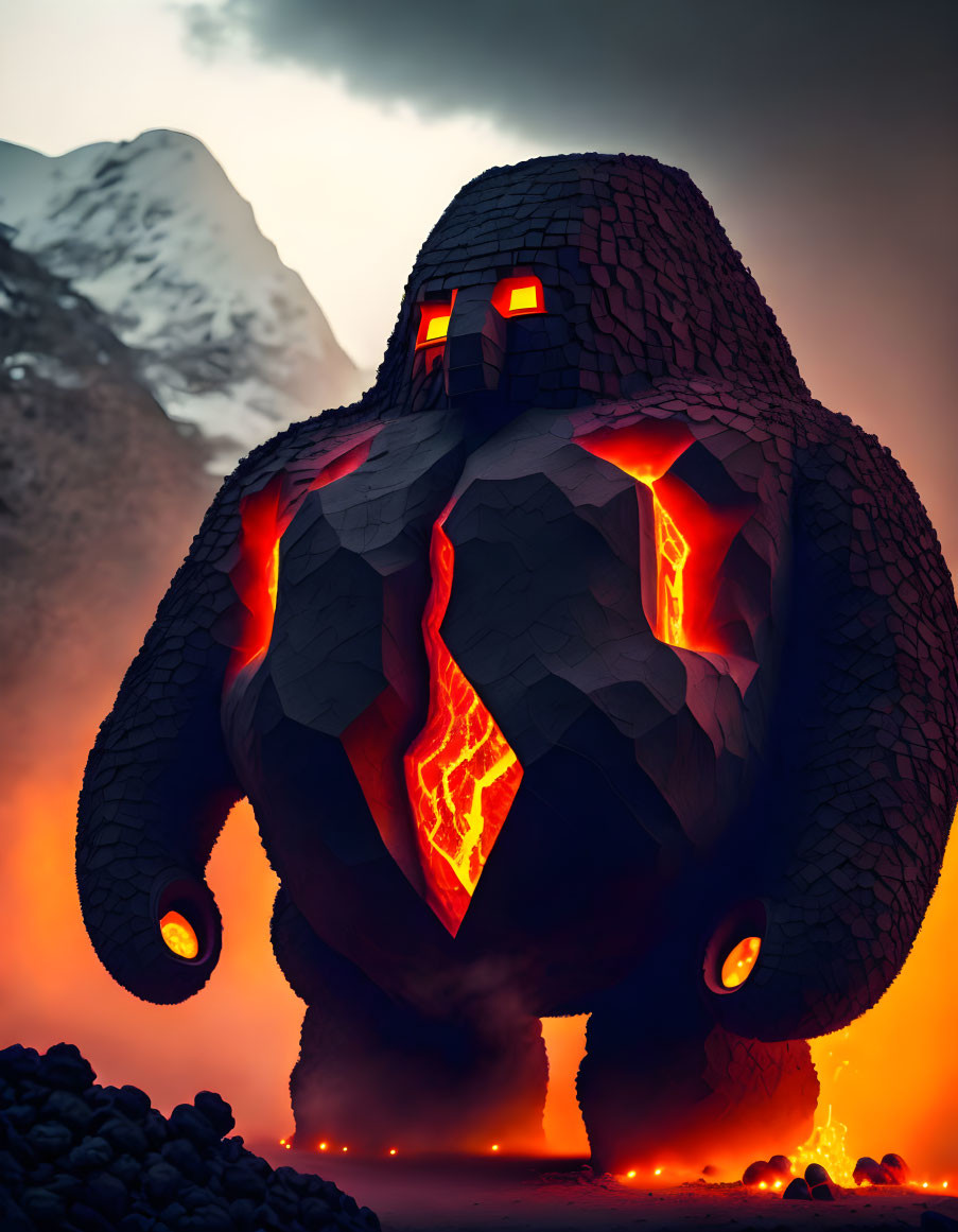 Volcanic rock creature in fiery landscape with glowing lava cracks