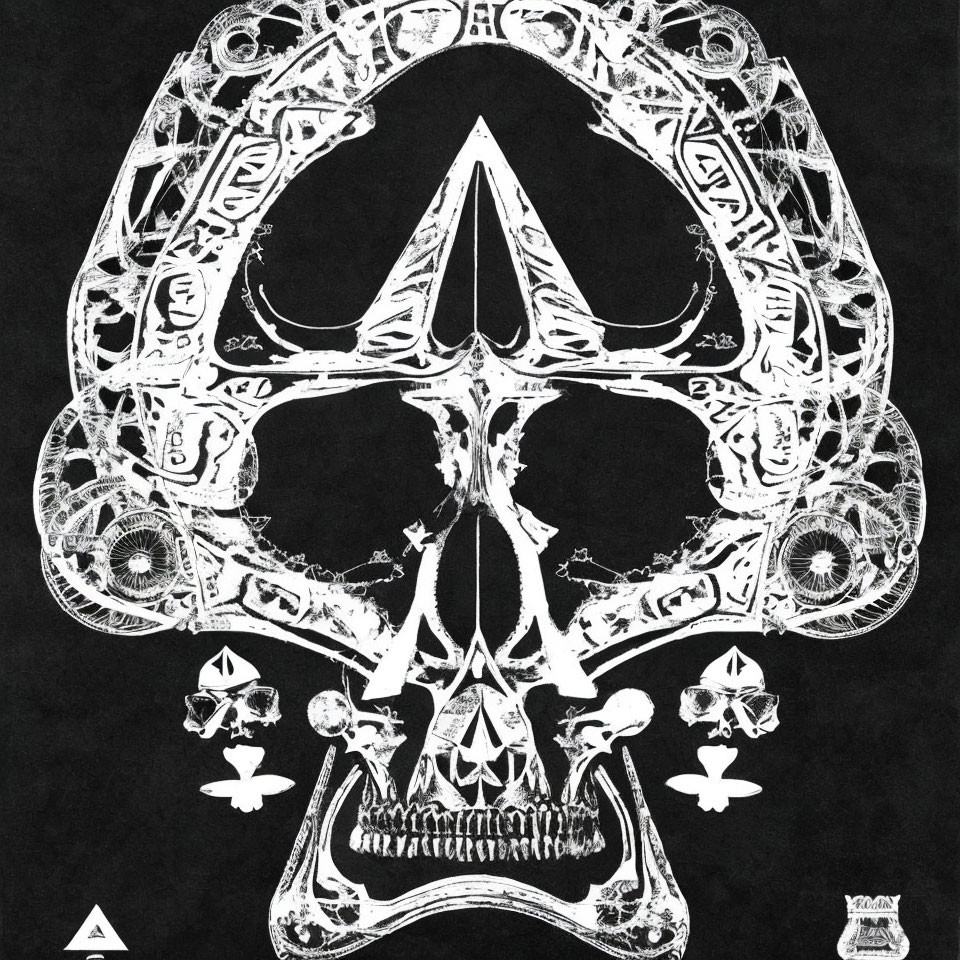 Symmetrical black and white skull artwork with bone details