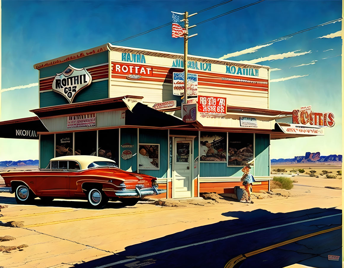 Vintage Red Car Parked at Retro Diner with Neon Signs and Person Enjoying Sun