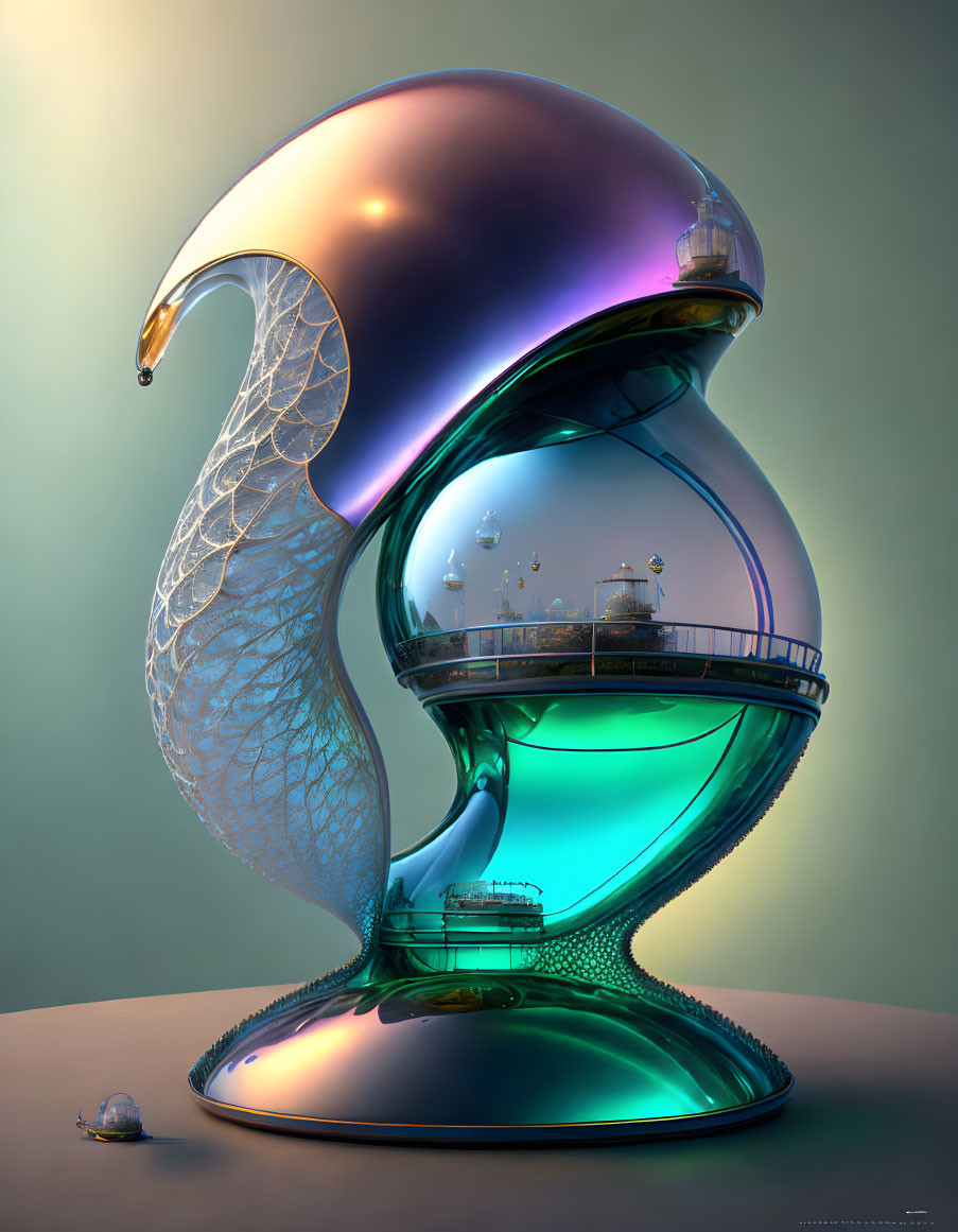 Metallic Futuristic Snail Sculpture with Enclosed Ecosystems