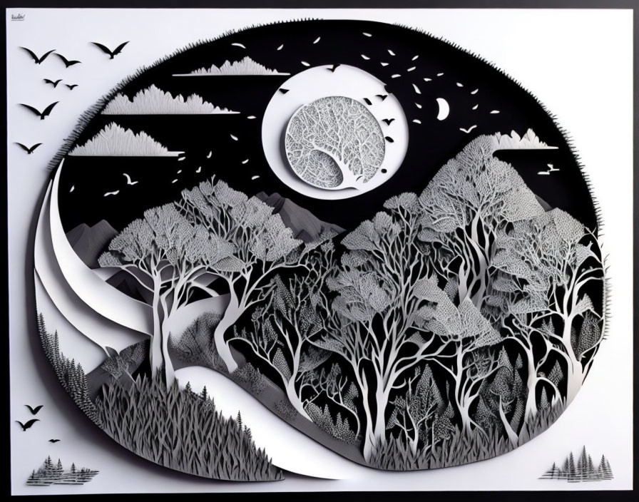 Monochromatic paper art of forest scene in circular frame