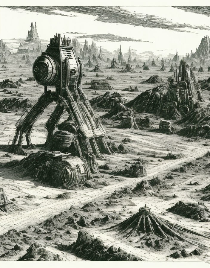 Monochrome futuristic landscape with robotic walkers and spires.