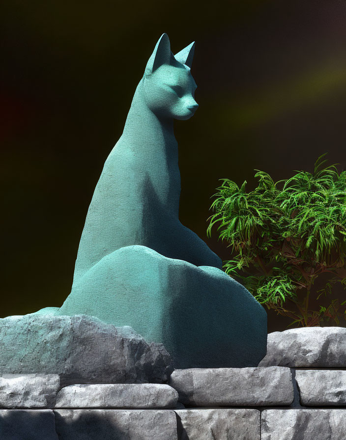 Blue cat statue on stone wall with green bush in dark background