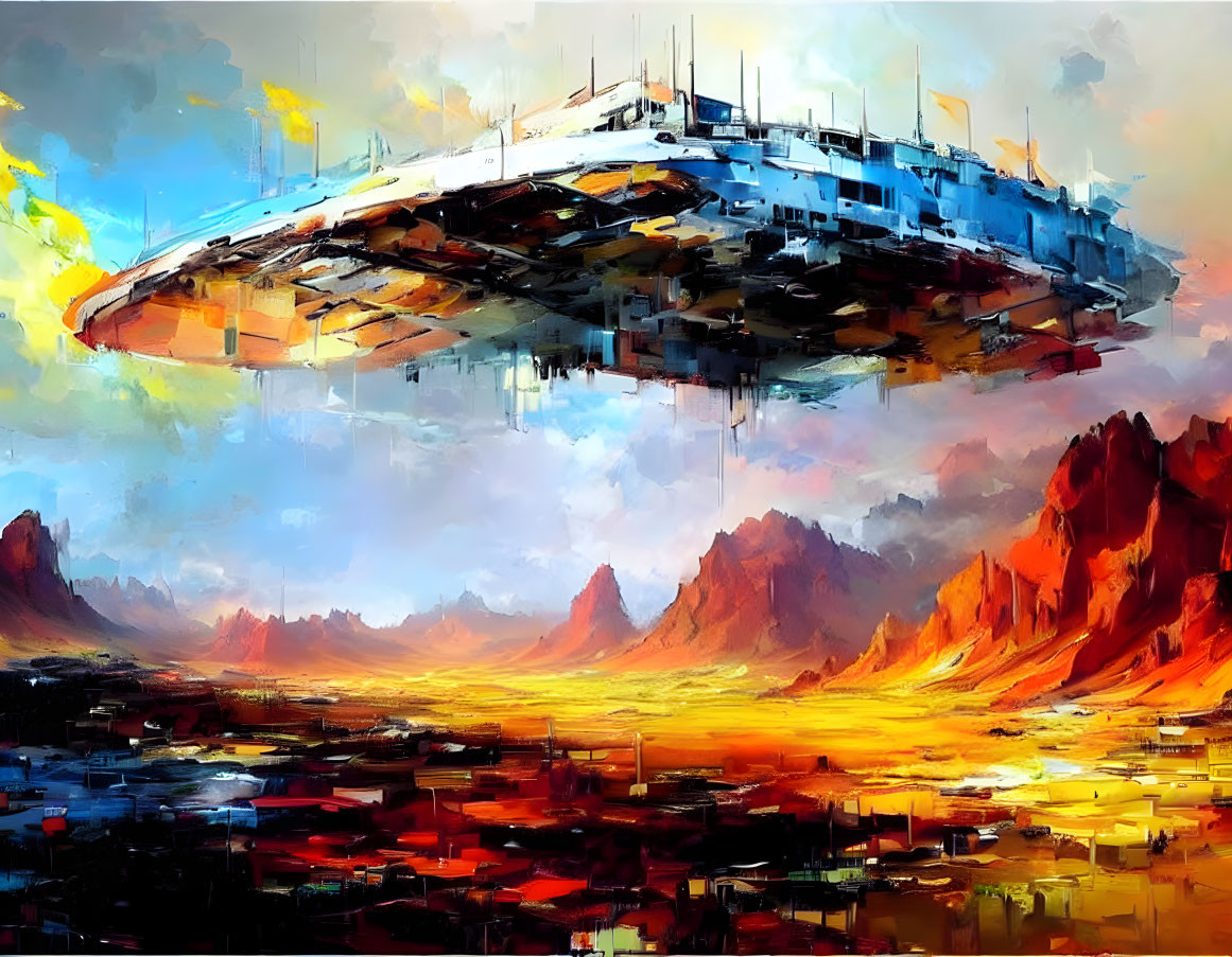 Futuristic cityscape with floating structure over fiery terrain