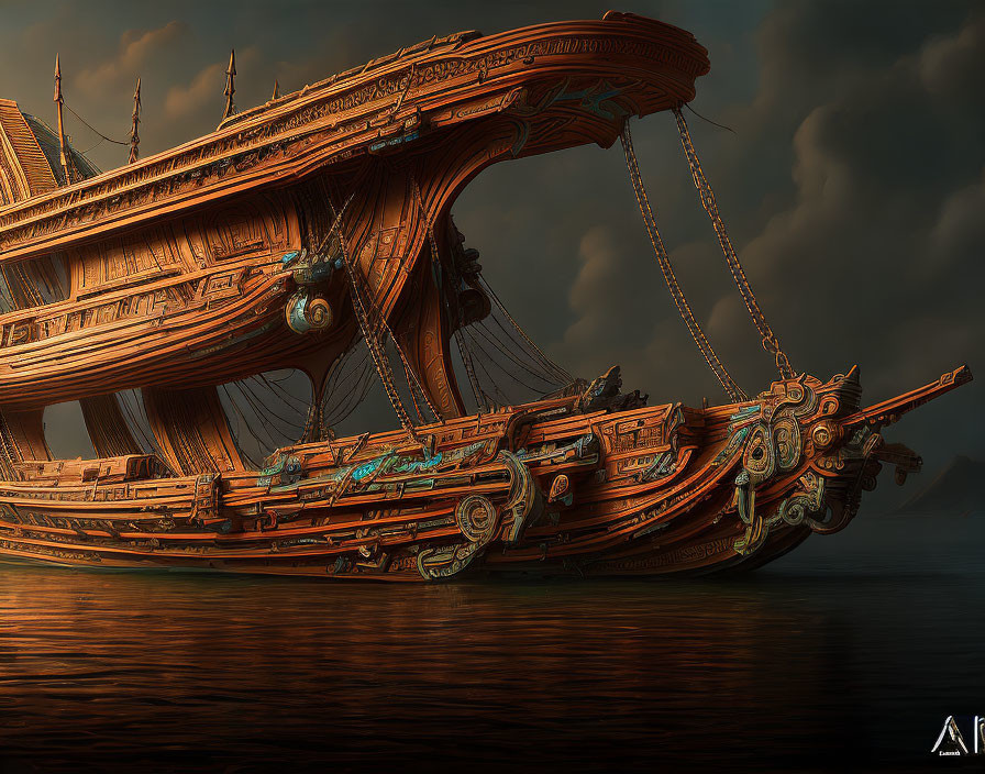 Ancient ship with intricate carvings on calm waters at dusk