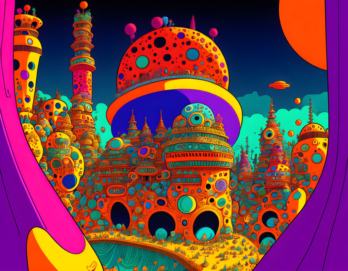 Colorful psychedelic landscape with fantastical architecture and intricate patterns