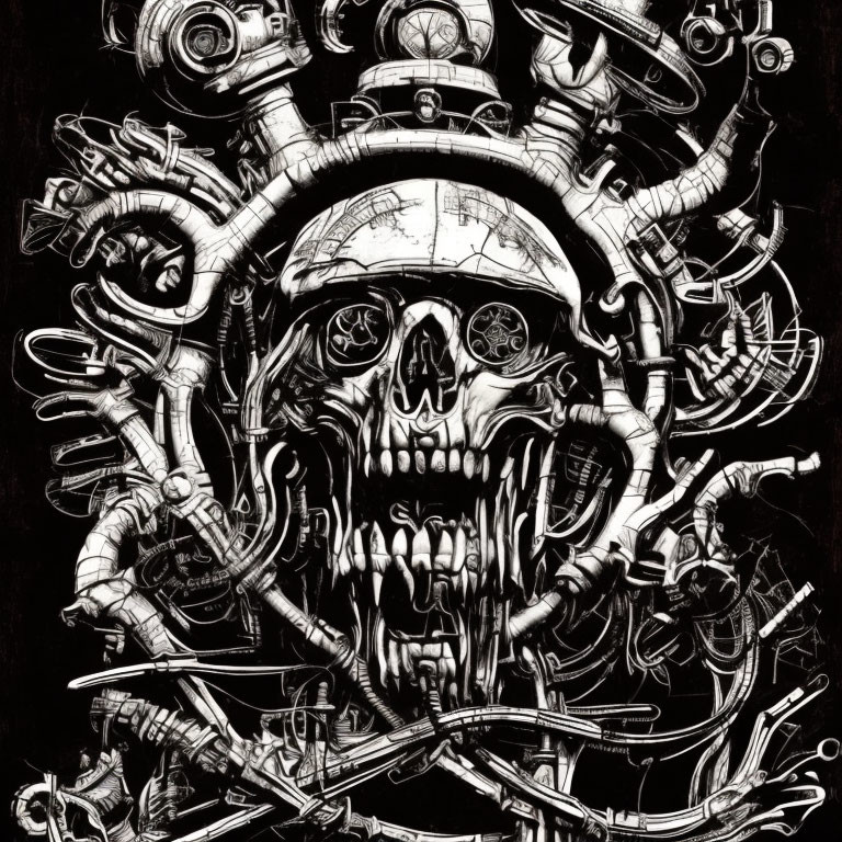 Monochromatic skull surrounded by pipes and gears in industrial composition