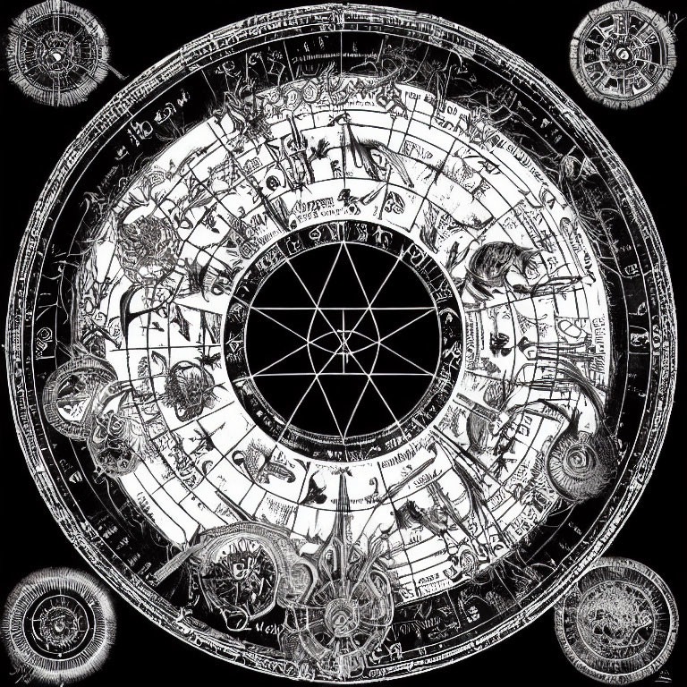 Detailed black and white astronomic clock with zodiac signs and celestial patterns