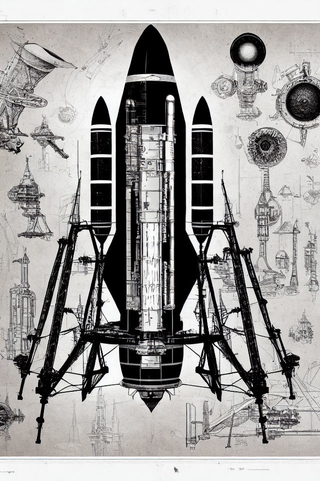 Detailed black and white blueprint-style rocket cross-section illustration.