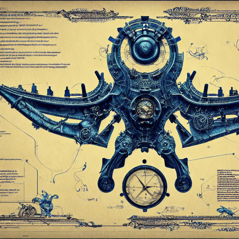 Detailed Steampunk Artwork with Mechanical Structure, Gears, and Schematics