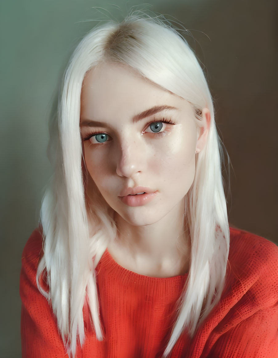 Young woman with platinum blonde hair and blue eyes in red knit sweater on neutral background