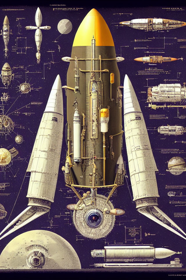 Detailed illustration of space shuttle with spacecraft, modules, and satellites against dark background.