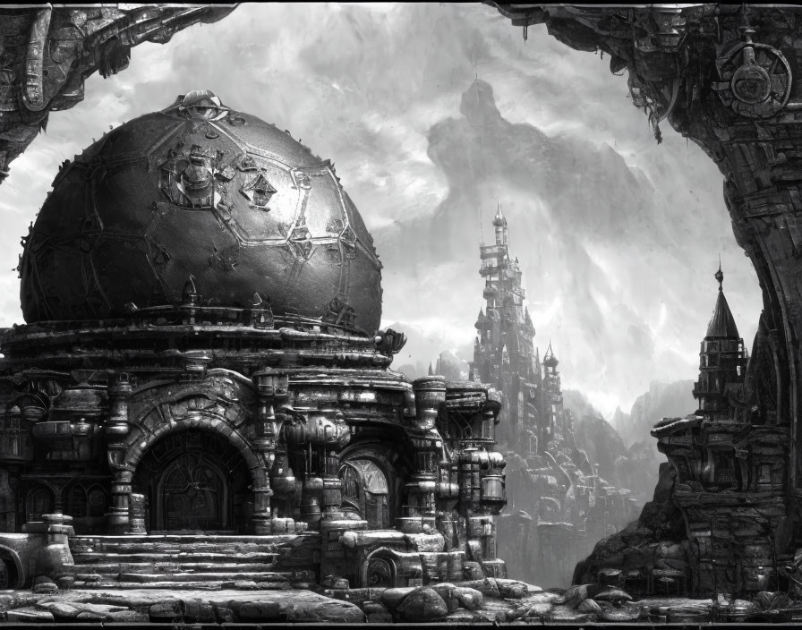 Monochrome fantasy landscape with ancient spherical structure and misty mountains