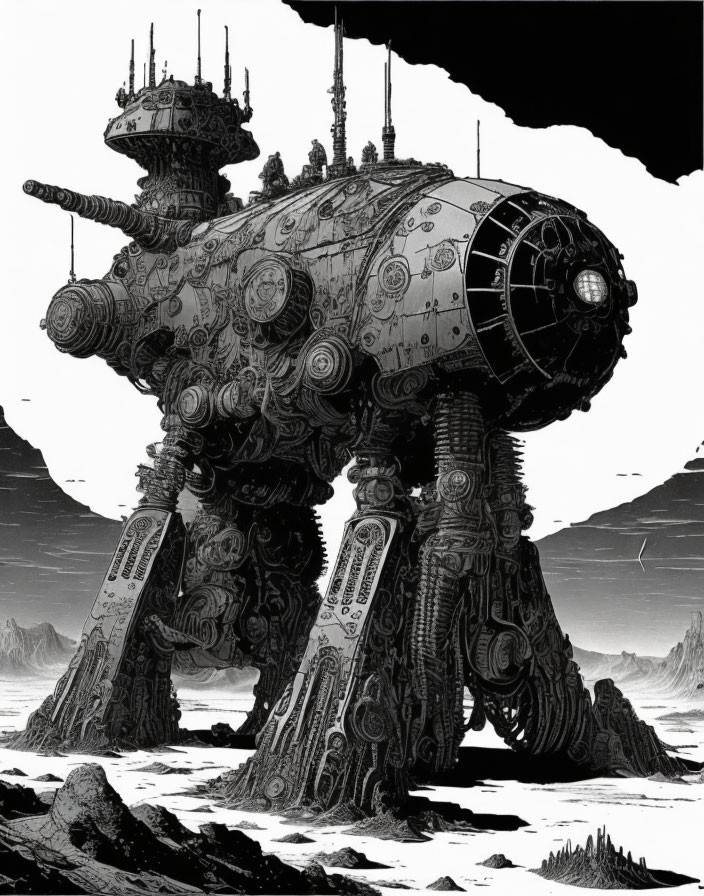 Detailed Monochrome Illustration of Colossal Mechanical Walker in Rocky Landscape