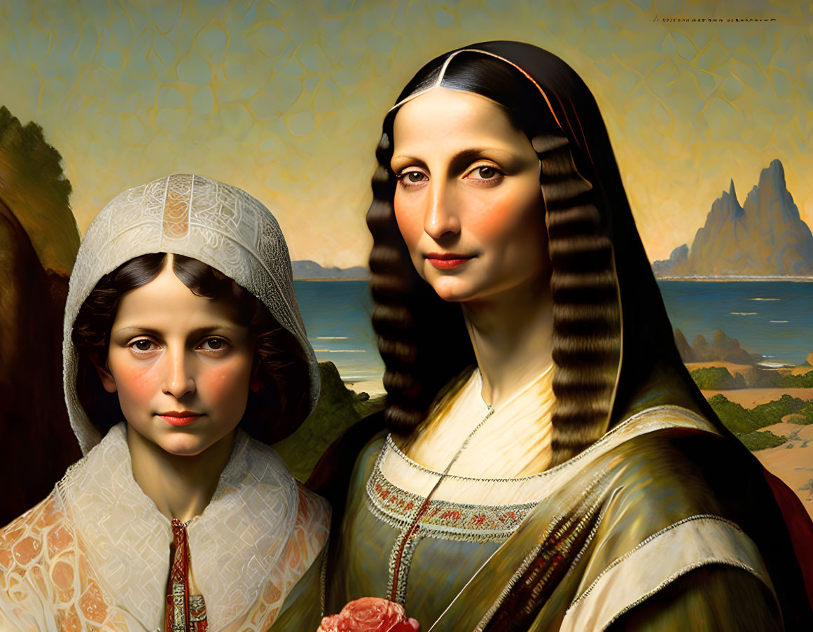 Digital Artwork Blending Mona Lisa and Young Girl in Renaissance Attire