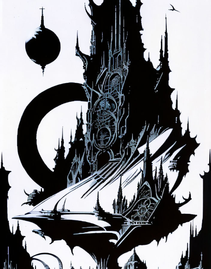 Stylized black and white gothic architecture with crescent moon and orbs