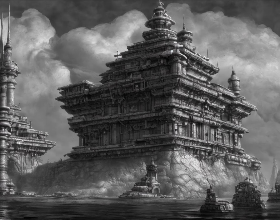 Monochrome image of tiered pagoda on rocky outcrop by water