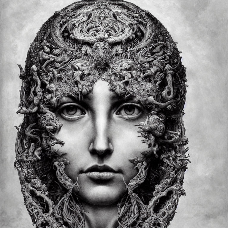 Monochrome art: Person with detailed floral and baroque headdress.