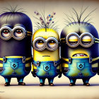 Three animated minions with purple, yellow, and blue colors, each showcasing unique expressions and hairstyles.