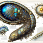 Mechanical aquatic creatures in intricate designs with scientific illustrations and text.