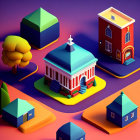 Vibrant illustration of small town with central building, houses, and whimsical trees