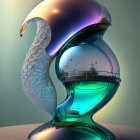 Metallic Futuristic Snail Sculpture with Enclosed Ecosystems