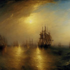 Golden-lit sea with sailing ships under dramatic sky