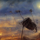 Dystopian landscape with towering tripods and dual suns