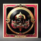 Vinyl record graphic art with futuristic skull design in gold and red.