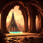 Fantasy landscape with arched doorway, towering mountain, water body, statues, and orange sky