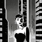 Woman in black dress with retro hairstyle against cityscape and starry sky