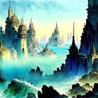 Fantastical cityscape with towering spires and castles by misty sea