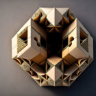 Symmetrical 3D fractal object with beige and brown geometric design