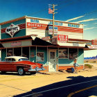 Vintage Red Car Parked at Retro Diner with Neon Signs and Person Enjoying Sun