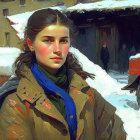 Young woman in beige coat and blue scarf standing in snowy street.