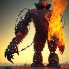 Animated giant of barbed wire with flaming arm in dusky sky