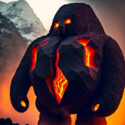 Volcanic rock creature in fiery landscape with glowing lava cracks