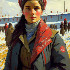 Digital painting of young woman in red headscarf in snowy scene