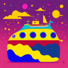 Vibrant Whimsical Ship Illustration on Purple Background