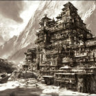 Ancient multi-tiered temple complex in rocky mountain terrain