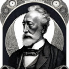 Monochrome illustration of gentleman with full beard and bow tie surrounded by ornate patterns and clock elements