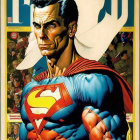 Superman illustration with clenched fist and "S" emblem in front of adoring fans