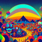 Colorful Illustration of Whimsical Creatures, Rainbow, and Hot Air Balloons