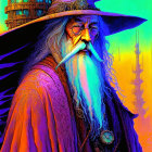 Colorful illustration: Bearded wizard in hat with mysterious tower