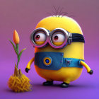 Yellow two-eyed minion in blue overalls admiring orange flower