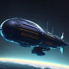 Futuristic spaceship hovering in Earth's atmosphere