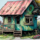 Colorful Whimsical Illustration of Quaint Wooden House